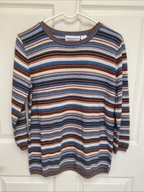 Alfred Dunner Crewneck Striped Knit Top in Blue, Brown & White
